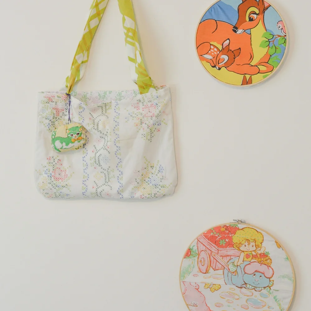 Floral Embroidered Tote Bag with Green Straps - Picture 3 of 3